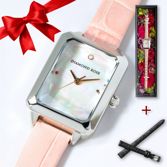 【クリスマス限定】替えベルト付きセットダイヤモンドローズ スクエア ピンク&ブラックベルト